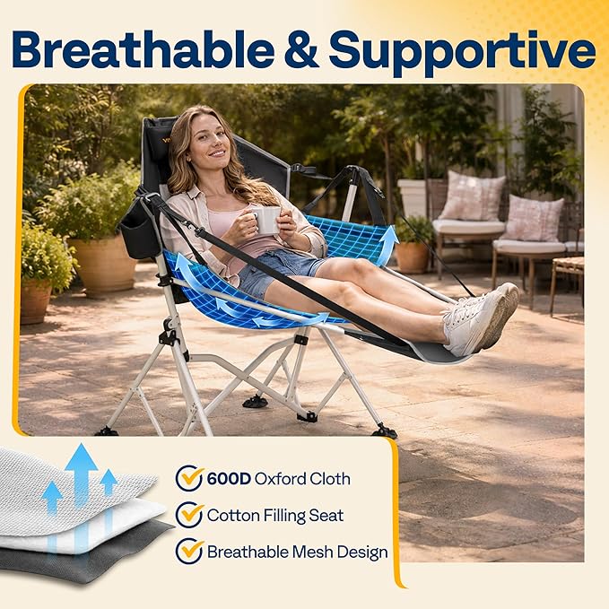 VIVOHOME Hammock Camping Chair with Removable Footrest, Portable Outdoor Swinging Rocking Chairs for Adults with Adjustable Pillow, Back and Height for Travelling,Backyard, Patio, Supports 400 lbs