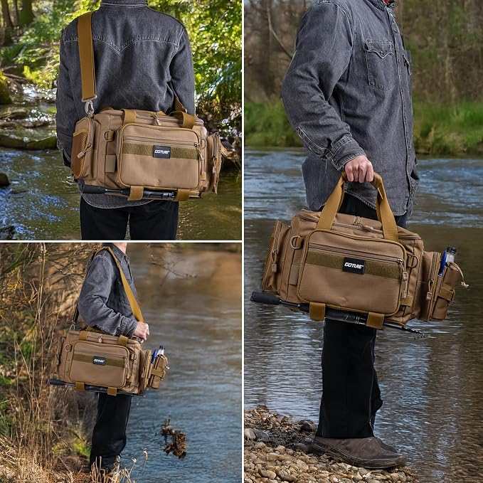 Goture Fishing Tackle Bag,Store Up to 4PCS 3700 Tackle Boxes(Not Included),600D Soft Side Water-Resistant Saltwater Gear Storage Fishing Bag with Rod Straps,Detachable Water Bottle Pouch,SBS Zippers