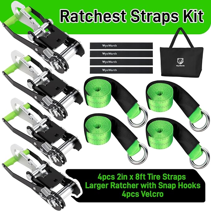 4 Pack Car Tie Down Straps for Trailers, Tire Ratchet Strap with Snap Hooks, 2" x8' 10,000lbs Break Strength -T-Handle Car Hauler Tire Lasso Wheel Straps for Hauling UTV, Truck, SUV