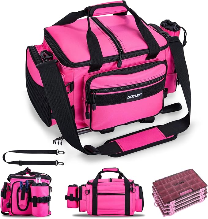 Goture Fishing Tackle Bag with 4PCS 3700 Tackle Boxes | 600D Water-Resistant, Rod Straps, Detachable Bottle Pouch, SBS Zippers, Freshwater & Saltwater Gear Storage Fishing Bag