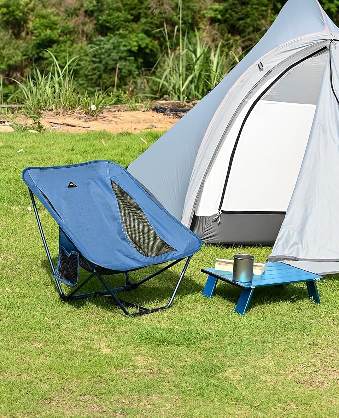 iClimb Low Ultralight Compact Camping Folding Chair with Side Pocket and Carry Bag (Blue)