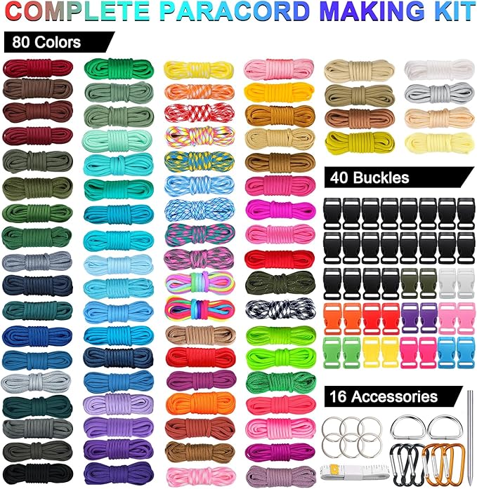 WEREWOLVES 80 Colors Paracord Cord, 550 Paracord Bracelet Crafting Combo Kits with Instruction - Multifunction Paracord Ropes, 10 Feet Each Parachute Cord for DIY Manual Braiding Supplies