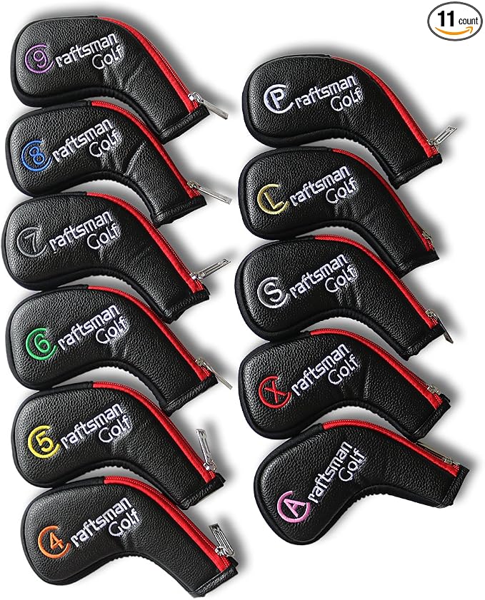 Craftsman Golf 11pcs /Set (4,5,6,7,8,9,A,S,P,L,X) Synthetic Leather Black with Red Edge Iron Head Cover Headcover Set for Callaway Ping Etc. with Zipper
