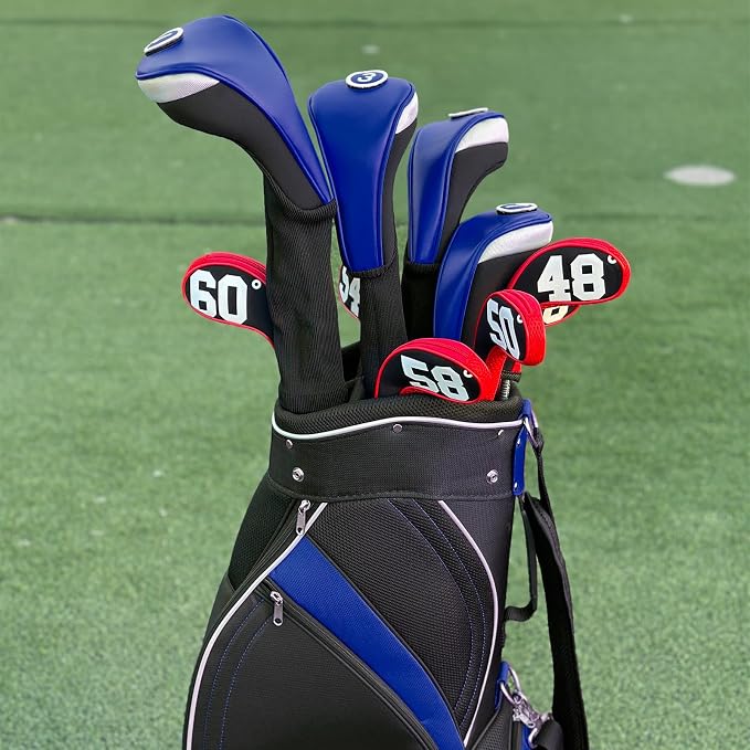 Andux 3pcs/Set PU Golf Wood Club Head Covers with Long Neck | for 460cc Driver Fairway Wood Club with Hook & Loop No. Tags Coloured Piping Pull-On Closure