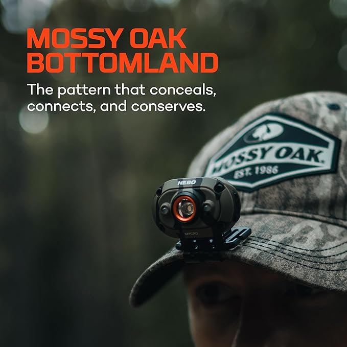 NEBO MYCRO 450 Headlamp | 450 Lumens, 6 Light Modes, White Red & Green Light, USB Rechargeable, Water Resistant, Adjustable Strap, Cap Light, Bright Light for Camping & Hiking – Mossy Oak Bottomland