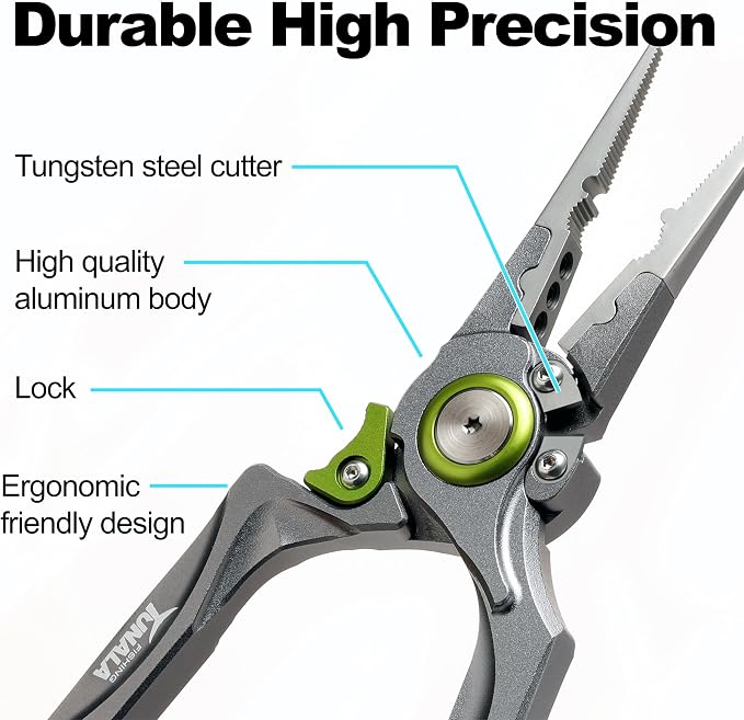 8 Inch Fishing Pliers, Cut Braided and Fluorocarbon Lines, Hook Remover, Lockable, Split Ring, Multi Tool, Ocean Fishing, Fly Fishing, Ice Fishing, Hard Rubberized Sheath, Gift for Fisherman