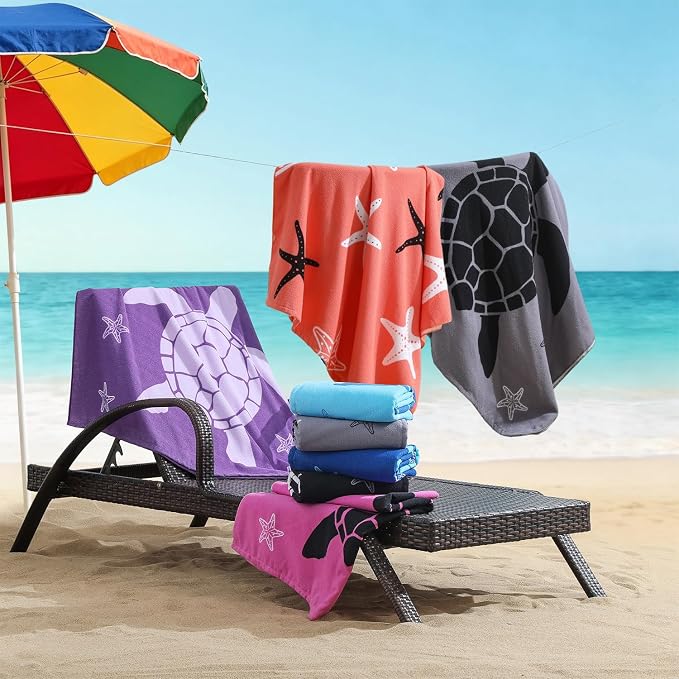 Belista Oversized Beach Towels 4 Pack,40”x70” Microfiber Thin Large Beach Towel Set for Adults Travel Camping Swimming,Turtle Starfish Them Sand Free Quick Dry Lightweight XL Pool Towels,Orange & Gray