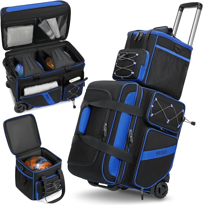 3 Ball Bowling Bag with Wheels, 2+1 Bowling Ball Bags Double Roller with Single Bowling Tote for Accessories, Multi-Pockets & Shoe Compartment (Fits Up to Size 15)