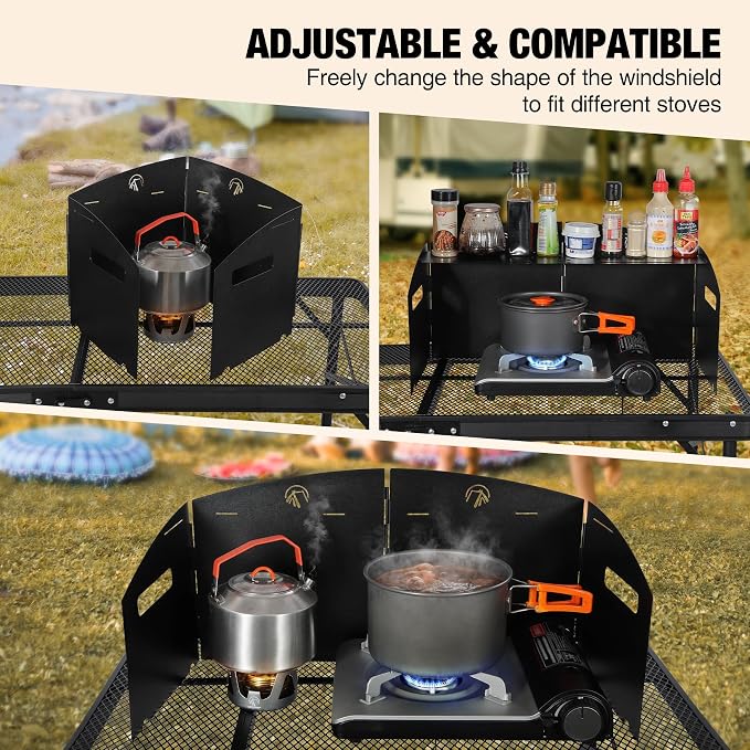 REDCAMP Portable 4 Panel Steel Camping Stove Windscreen, Foldable Windproof Outdoor Gas Stove Windshield with Storage Bag for Camping, Hiking, Backpacking, Picnic, Cooking Black