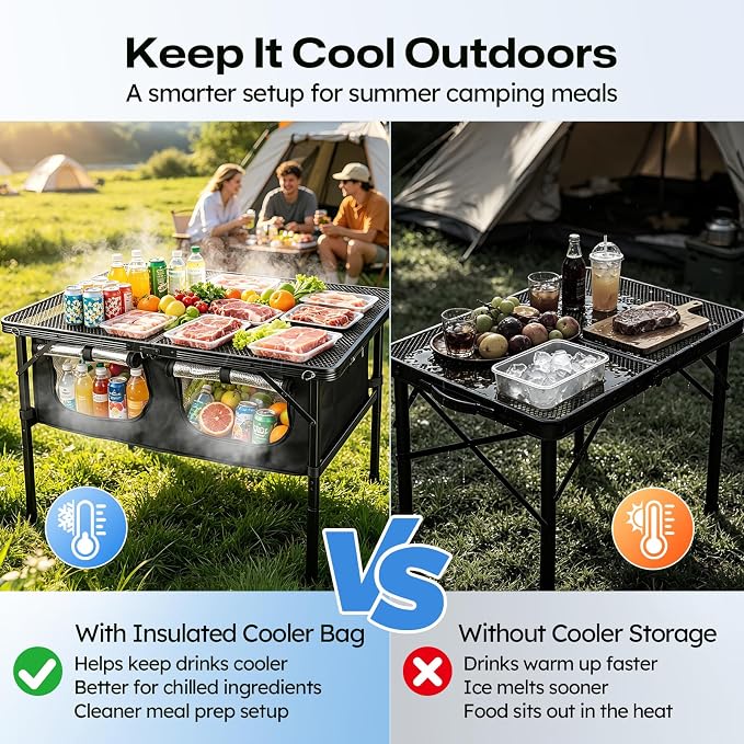 Camping Table with Storage, Folding Camp Kitchen Table with Insulated Cooler Bag, 35.4" x 23.6" Height Adjustable Lightweight Aluminum Outdoor Table for BBQ, Picnic, RV, Tailgating
