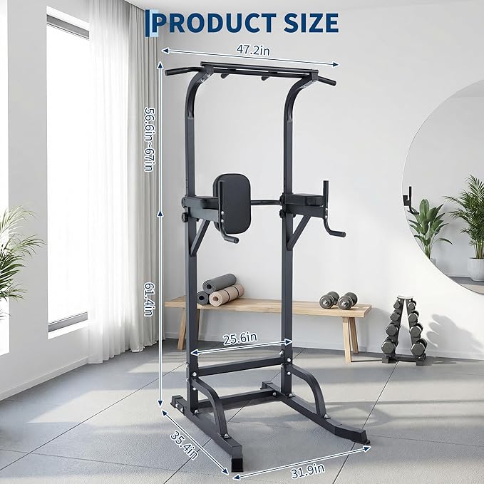Power Tower Pull Up Bar Dip Station, Adjustable Height Home Gym Equipment, Heavy Duty Strength Trainer with 880 Lbs Capacity, Multi-Function Workout for Full Body Exercise, Stable Fitness Equipment