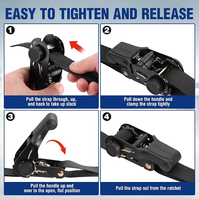 WORKPRO Ratchet Tie Down Straps, 4-Pack | 1" x 15' | 1823 lbs Break Strength Heavy Duty Ratchet Straps with 4PC Soft Loops, Fits for Moving Appliances Motorcycle ATV Truck (Black)