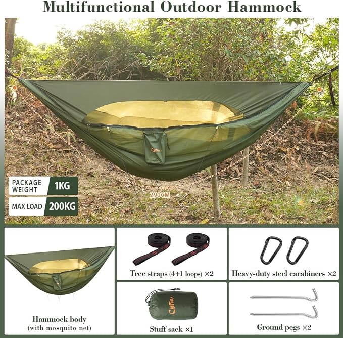 CYFIE Camping Hammock with Net, 440 lbs Portable Hammock with Tree Straps and D-Shape Carabiners, Parachute Nylon Hammock for Outsides Backpacking Hiking Beach Patio