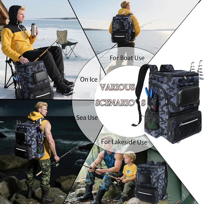 Fishing Backpack with Rod Holder, Large 50L Tackle Bag Water Resistant Tackle Backpack Heavy Duty Fishing Bag Gift for Men Woman