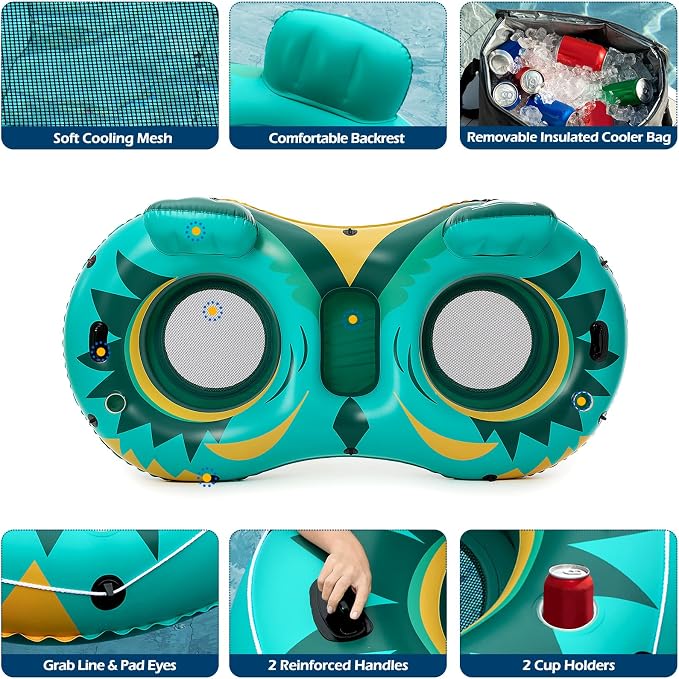 Jasonwell Inflatable River Tube Float - 2 Person Heavy Duty River Float Pool Floats with Removable Cooler Lake Water Tubes for Floating River Raft Lounge Floatie with 2 Cup Holders for Adults (Green)