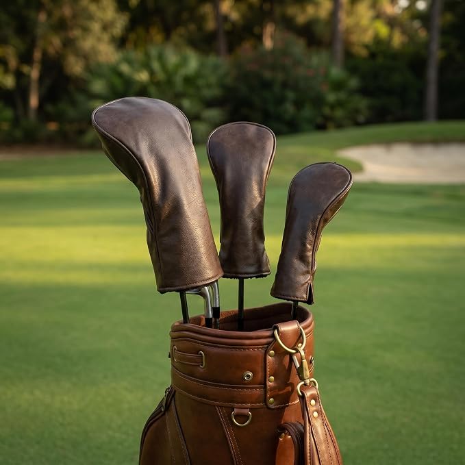 Golf Club Cover Vintage PU Leather Driver Headcover Fariway Wood Headcovers Hybrid Covers with Interchangeable Tags Golf Head Cover for Extra Club Protection