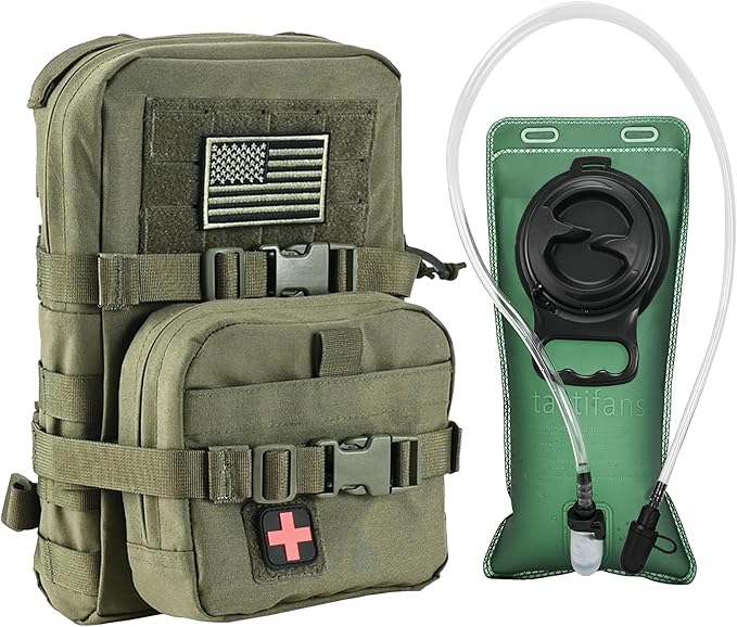 Tactical Mini Molle Hydration Pack,Molle Hydration Carrier with IFAK Pouch&US Flag&Med Patch,Hydropack for 2L Water Bladder