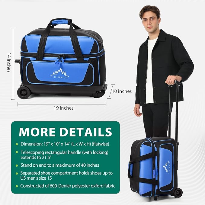 GoHimal Double Roller 2 Ball Bowling Bag with Separate Shoe Compartment for Bowling Shoes (Up To US Mens Size 15) and Oversized Accessory Pocket, Retractable Handle - Extends to 40"