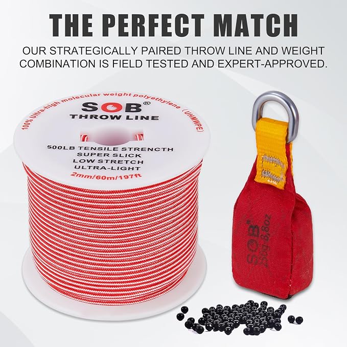 SOB Arborist Throw Line Kit with Slick Rope 197FT, Throw Weight, Reflective Storage Bag, Suit for Tree Cutting,Camping, Trimming, Hanging Swing ﻿ (197FT Rope with 8.8Oz Throw Bag)