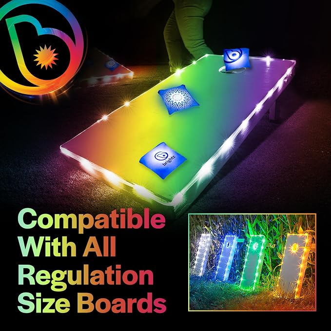 Brightz Cornhole Board Edge Lights with LED Bags - Includes 4-Pack of LED Cornhole Bags + TossBrightz Cornhole Board Edge Lights - The Ultimate Night Time Cornhole Master Set