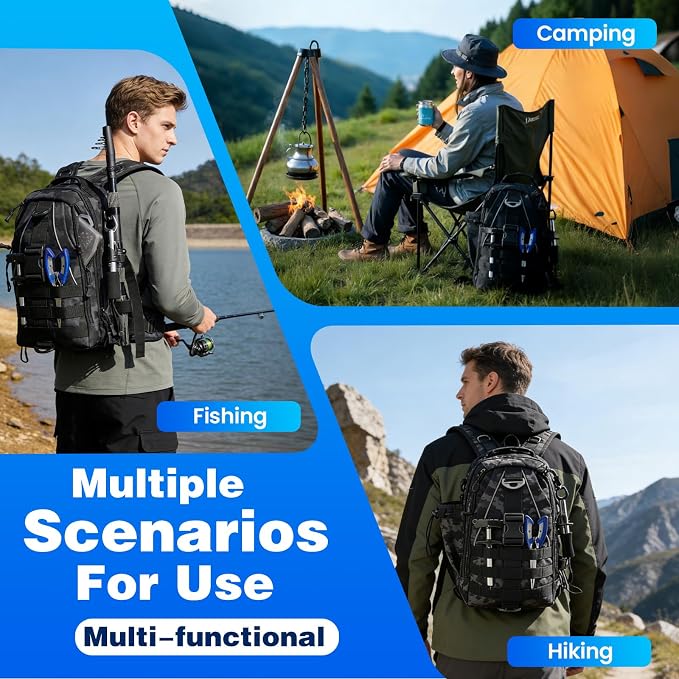 Fishing Tackle Backpack with 2 Tackle Boxes, 208PCS Complete Fishing Gear Kit for Beginners, Waterproof Fishing Bag Organizer with Fish Hook Remover, Lip Gripper, Pliers, Ideal Gift for Men