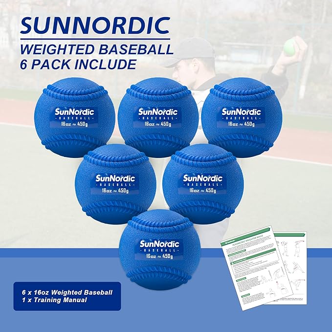 SunNordic 6 Pack Weighted Baseballs Set (16 oz) - Weighted Baseballs for Hitting Training & Improved Power - Pitching Training Baseball for All Skill Levels