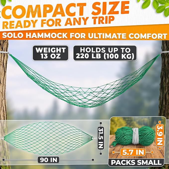 Mesh Hammock - Loop & Lounge Between Two Trees, Rope Hammocks for Outside Camping - No Stand Needed, 220 lb Capacity, Lightweight 13 oz Nylon Net Bed for Backyard Garden Patio Beach Travel, Green