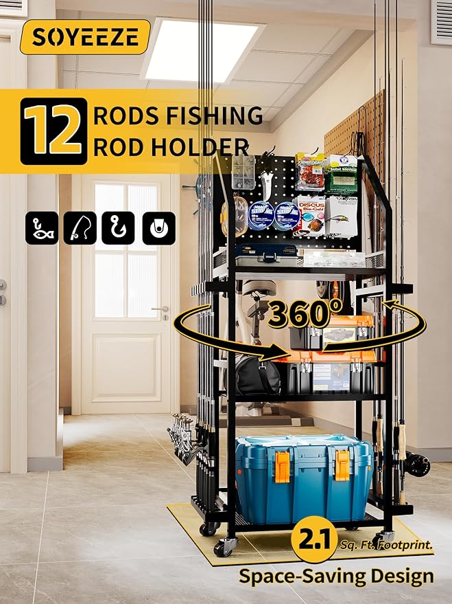 SOYEEZE Fishing Rod Holders for Garage with Pegboard and Lockable Wheels, 3-Tier Fishing Pole Rack with 10 Hooks, Fishing Gear Tackle Box Organizer Up to 12 Rods, Rolling Fishing Storage Cart