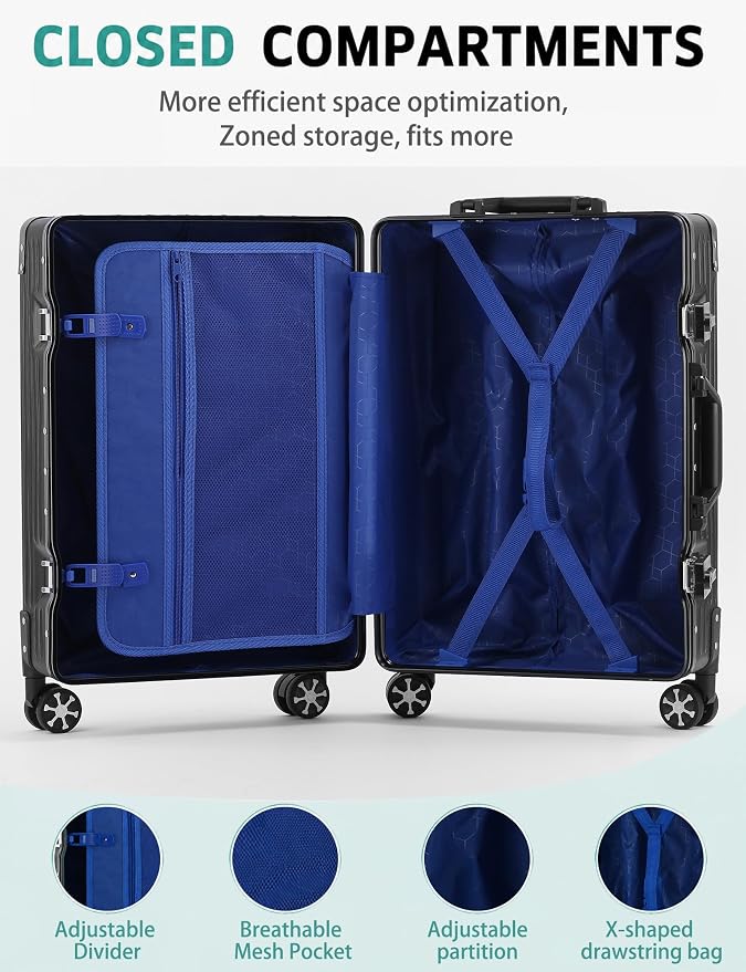 Carry On Luggage 22x14x9 Airline Approved, 20 Inch Zipperless Hard Shell Suitcase with Aluminum Frame, TSA Lock & Spinner Wheels, Lightweight Carry-On Luggage for Travel, Black