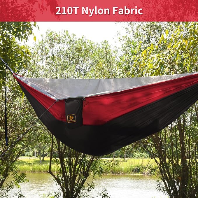 Camping Hammock with Mosquito Net,Lightweight 210T Nylon Hammocks,Portable Hammock with 10ft Tree Straps,Camping Gear Must Haves for Travel Hiking Backpacking Beach Patio-Black&Red