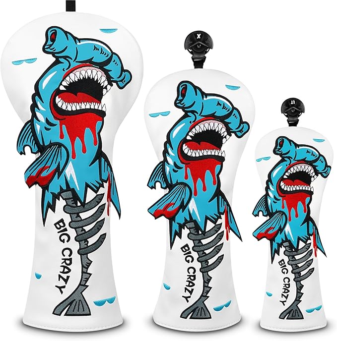 Big Crazy Golf Head Covers, Golf Club Covers Funny, Driver Headcovers, Golf Club Covers, Fairway Woods Head Covers, Hybrids Headcover, Putter Cover with Soft Lining for Golf Gift Hammerhead Sharks