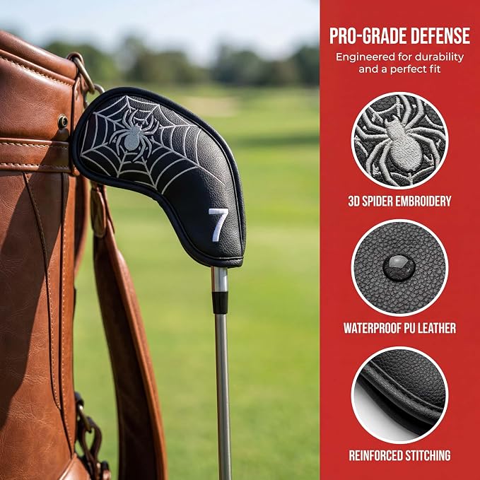 Vesperlux Spider Golf Headcovers Driver Wood Hybrid Iron | Waterproof Leather, Magnetic Putter Cover, Anti-Slip Fit, Full Protection, Durable, Fits Alignment Stick, Men's Golf Gift