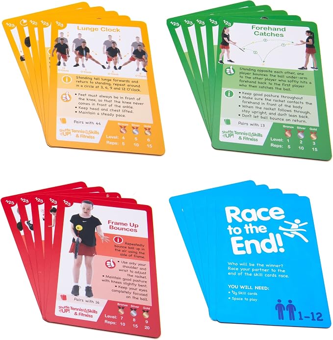 Shuffle Up Tennis Card Games - 70+ Fun & Active Skills Cards for Kids, Fitness Card Develop Fundamentals, Stamina & Strength, Easy to Play for Kids | Multiple Skill Level Cards Include 2 Dices