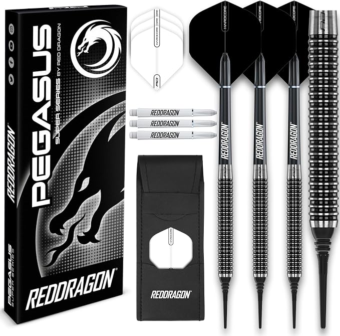 RED DRAGON - Soft Tip Darts Set for Electronic Dartboards - Pegasus for Beginner to Intermediate Adult Players - 18g - 80% Tungsten Barrels, 3 Darts, Extra Flights, shafts, and Wallet - Black