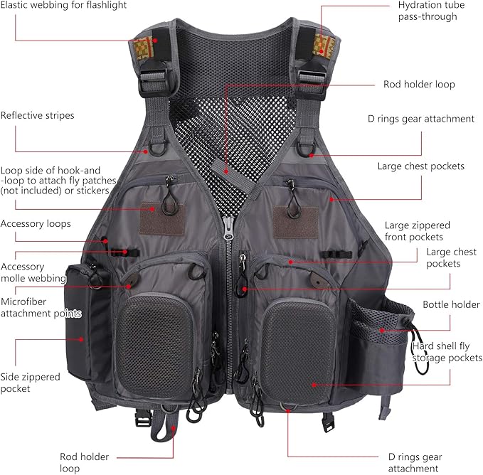 BASSDASH Strap Fishing Vest Adjustable for Men and Women, for Fly Bass Fishing and Outdoor Activities