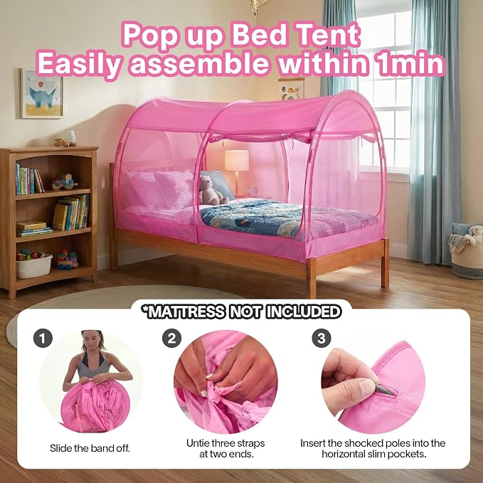 Alvantor® Mosquito Net Bed Canopy Tents Dream Privacy Space Twin Size Sleeping Tents Indoor Pop Up Portable Frame Breathable Cottage Pink (Mattress Not Included)