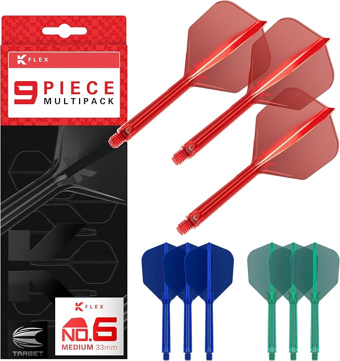 Target Darts K-Flex Integrated Dart Flights and Shafts, No.6, Kflex 9 Pack Bundle, K Flex 3 Colours | Black, White, Clear, Red, Green, Blue, Pink, Orange, Yellow | Short, Intermediate, Medium
