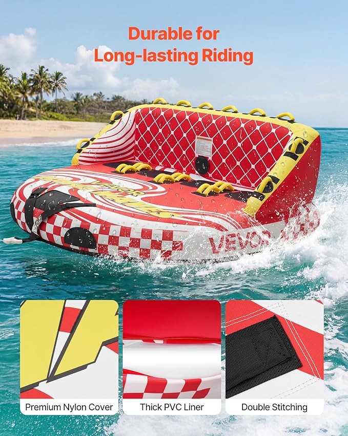 VEVOR Towable Tubes for Boating, 4-Rider Inflatable Towable Tube for Boat to Pull, 680 lbs Capacity Water Sports Boating Tubes - with Full Nylon Cover, Dual Tow Points, Safety Valve & Padded Handles