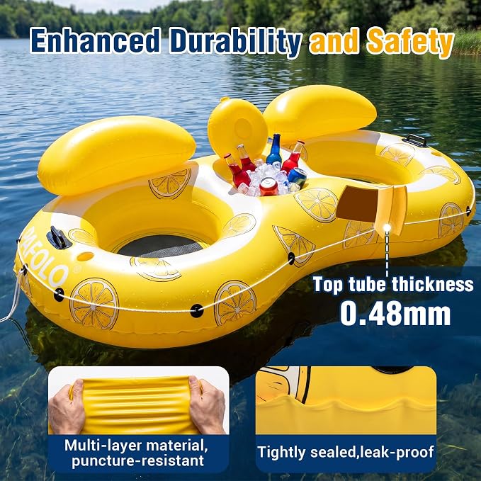 Pool Float Adult,2-Person Large Inflatable River Float, XL River Tubes for Floating Heavy Duty with Mesh Bottom, Comfortable Backrest & 2 Cup Holders & Durable Grab Handles,600 lbs Weight Capacity