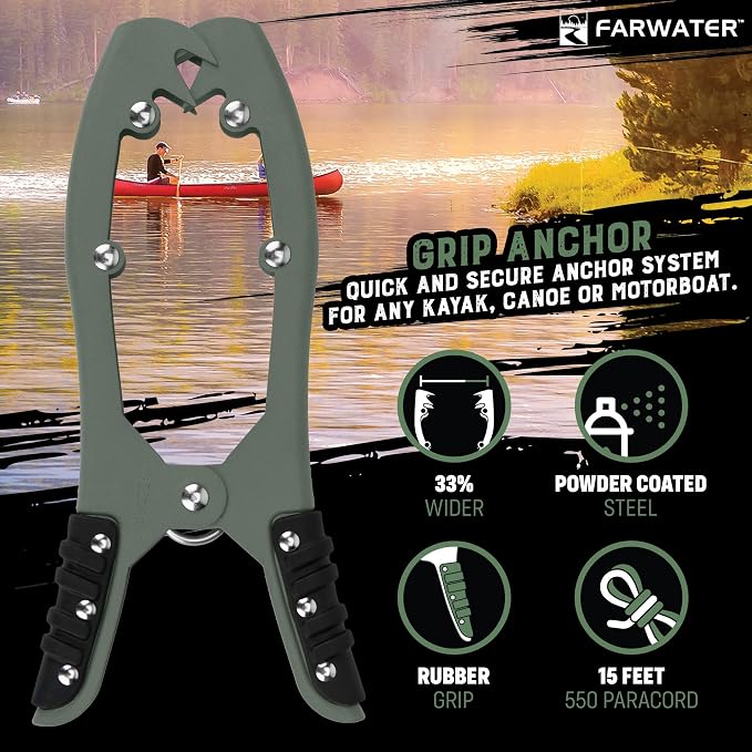 Canoe Anchor Grip - Boat, Float Tube & Kayak Fishing Accessories, Kayaking Equipment - Brush Clamp Anchor with Teeth - Gripper with 15ft Paracord - Rubber Grips - Coated Steel -