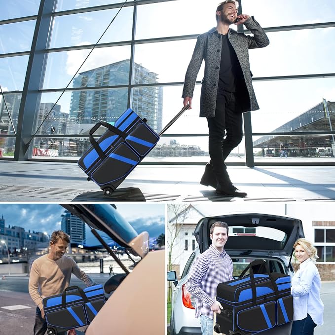 3 Ball Bowling Roller Bag with Smooth Wheels & Shoe Compartment, Heavy Duty 3 Ball Bowling Bag with Retractable Handle, Large Capacity Bowling Bag with Multi-pockets for Tournament, Travel, League