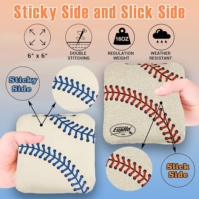 EunHo Regulation Cornhole Bags Set of 8 - Dual Sided Slick and Stick Cornhole Bean Bags for Tossing Game Professional All Weather Pro Corn Hole Bags with Tote Bag