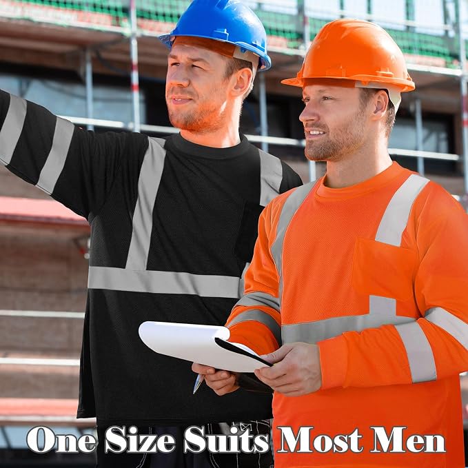 Amylove 4 Pcs Long Sleeve Safety Shirt High Visibility Reflective Construction Work Shirts for Men Women(XL,Orange, Black)