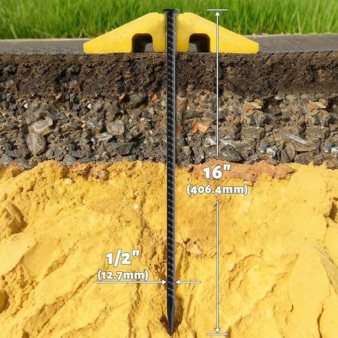 16 Inch Rebar Stakes - 1/2 Inch Diameter Galvanized Steel Ground Anchors | 10 Pack Heavy Duty Anchoring Spikes for Speed Bump, Parking Curb, Landscape Timbers and Camping Tent, Black Powder Coating