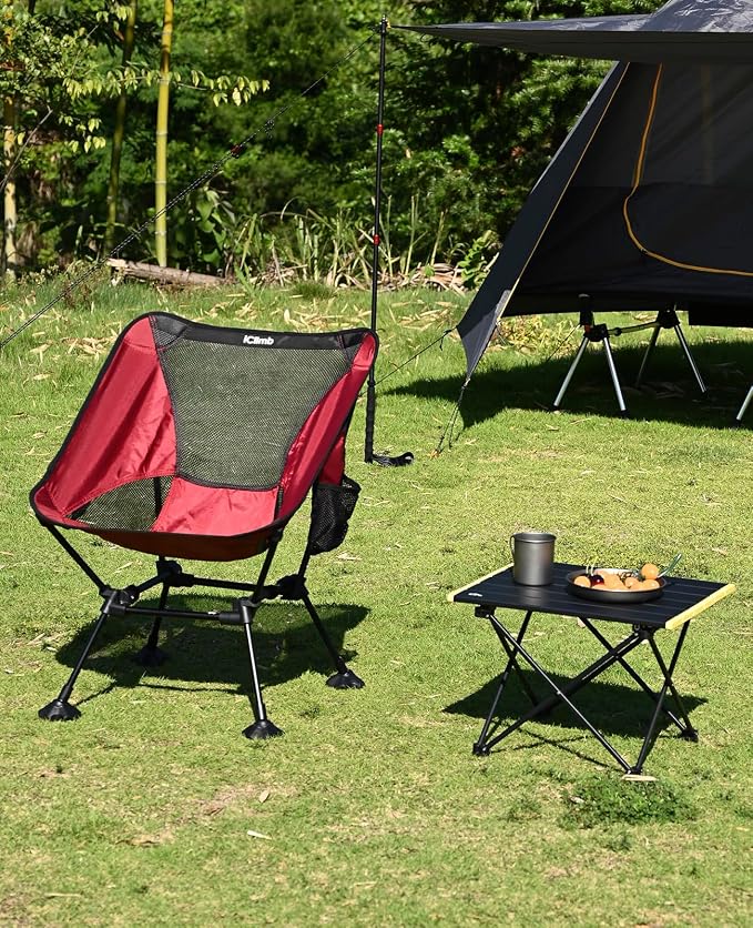 iClimb Ultralight Compact Camping Folding Beach Chair with Anti-Sinking Large Feet and Back Support Webbing (Red - Square Frame - 2PC)