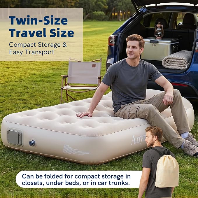 10'' Twin Camping Air Mattress Built in Pump with 2" Raised Pillow – Twin Blow Up Mattress Portable Inflatable Air Bed for Home Guest Camping Travel Outdoor