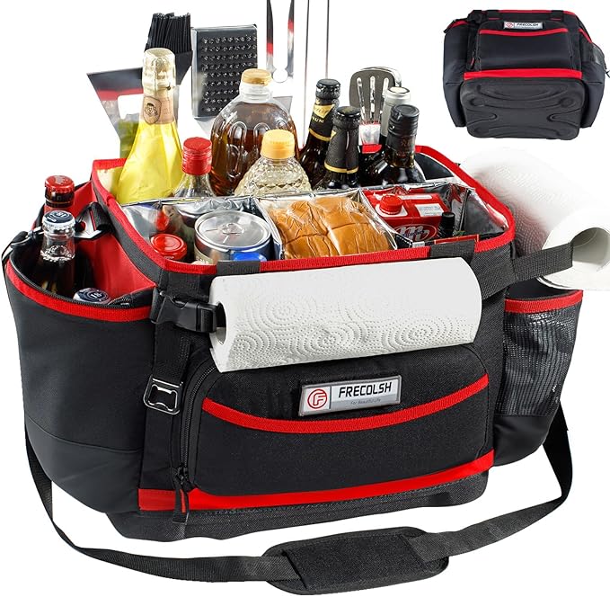 Large BBQ Organizer with Molded Hard Base, Compatible with Blackstone Outdoor Utensil Bag for Camping, Picnic & Tailgating, Portable Cooking Accessories Tote, Gift for Men