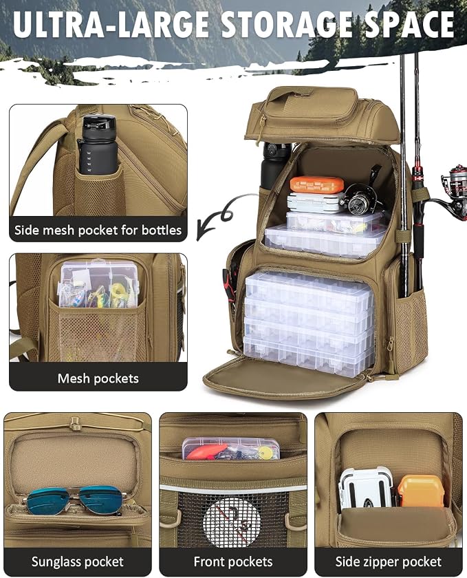 HAMBOLY Fishing Backpack with Tackle Boxes, 50L Fishing Tackle Bag with Cooler & Rod Holders, Waterproof Tackle Bag for Men