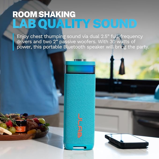 JLab, JBuds Party, Portable Bluetooth Speaker, Waterproof Outdoor Speaker, RGB Lighting, Multi-Speaker Connect, Cyan