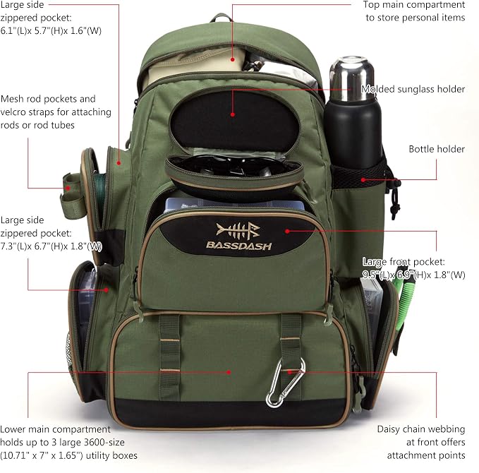 BASSDASH Fishing Tackle Backpack Water Resistant Tactical Bag Soft Tackle Box with Rod Holder and Protective Rain Cover